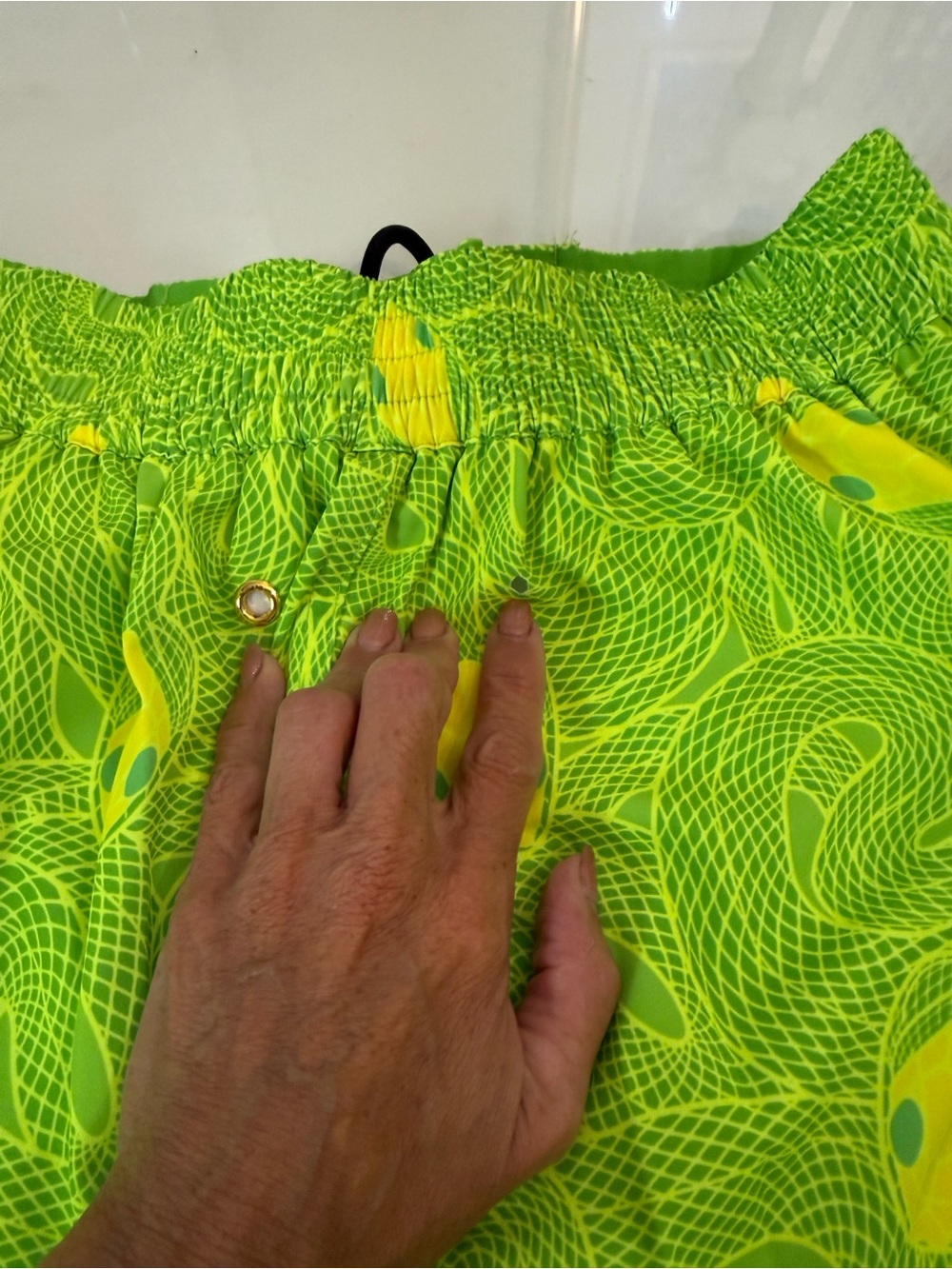 Men's Neon Green Lemon-Print Swim Trunks with Black Drawstring 5” - Picture 3 of 3